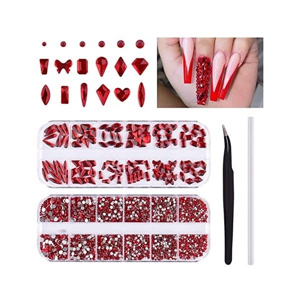 3120 Pcs Rouge Nail Art Strass Gemmes EBANKU Nail Cristal Bijou Forme Mixte Strass Diamants Perles Kit pour Artisanat Ongles 