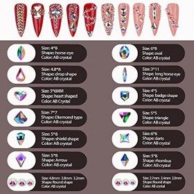 Lot de 120 strass brillants multi-formes pour ongles - 2600 strass irisés transparents AB - Avec pince à épiler à la cire - P