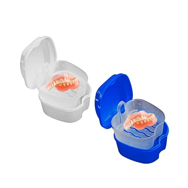 OBTANIM Lot de 2 boîtes de rangement pour tasse de bain pour prothèses dentaires avec panier pour retenues, nettoyage des fau