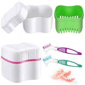 2 Étuis de Bain de Prothèses avec 2 Brosses de Nettoyage de Dentiers Boîtes de Dentiers Conteneur de Prothèses avec Panier de