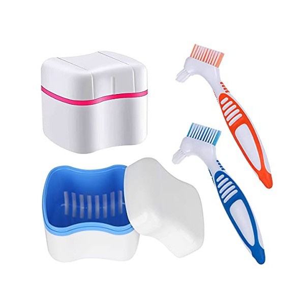 Boîte de Nettoyage et Ensemble de Brosses pour Prothèses Dentaires - 2 Boîtes de Bain de Prothèses avec Panier + 2 Brosses de