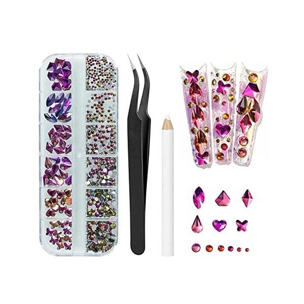 MAEXUS Strass Nail Art,Gems à Dos Plat Rond Cristal Strass avec Pincette Pick Up et Stylo Pointeur Strass pour Nail Art et la