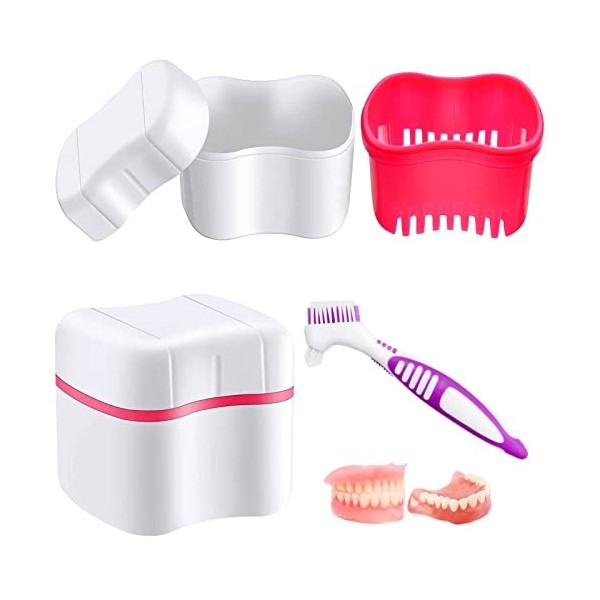 Hioph Boîte de bain pour prothèses dentaires, boîte à brosse à dents avec panier de rinçage, récipient de nettoyage pour prot
