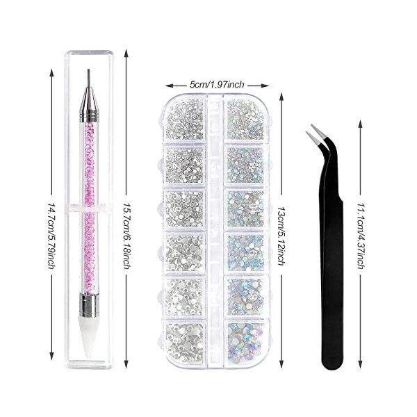 Sularpek 1500 Pièces Strass Ongle Nail Art, 6 Tailles Cristal AB Strass Gemmes, Diamants en Cristal à Dos Plat, Avec Pince à 