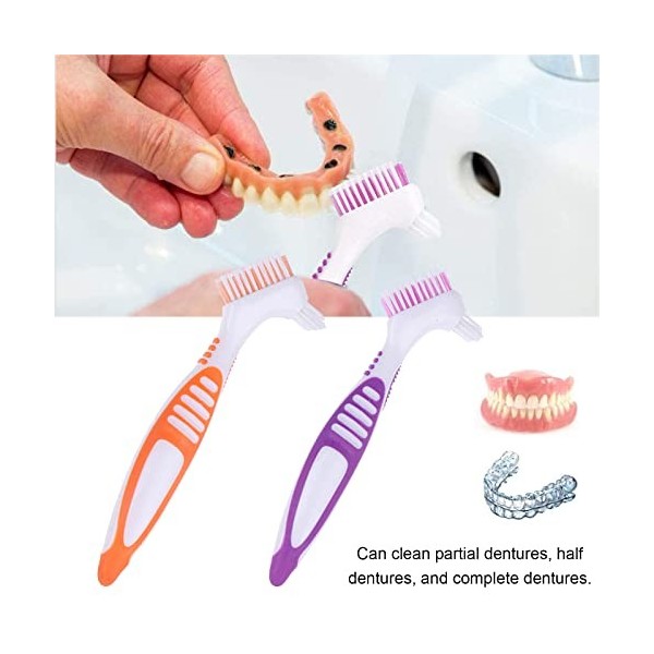 LacyMC Lot de 2 Brosse à Dents Dentier,Brosse portable double face pour le nettoyage des fausses dents Orange et Violet 