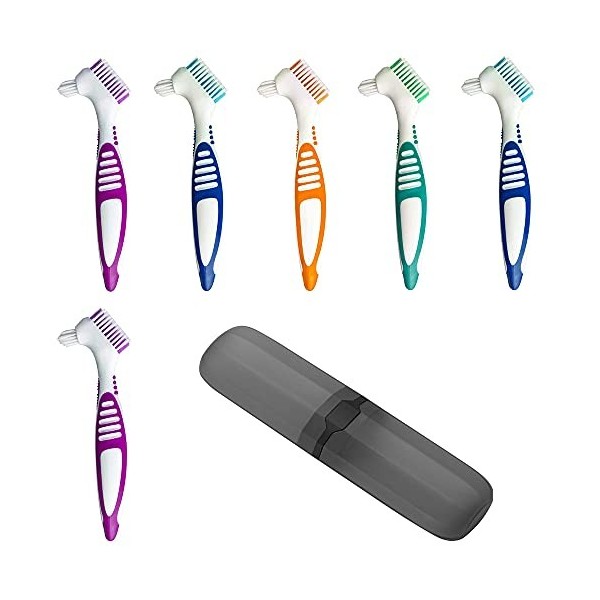 YeenGreen Brosse à Dents Dentier, 6 Pcs Brosse a Dent pour Appareil Dentaire avec Étui de Rangement, Poils Multicouches, Tête