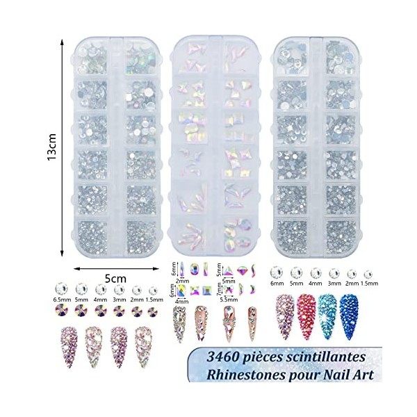 VEGCOO 3460 Pcs 6 Mix Tailles Strass pour Nail Art, 12 Formes Diamant Décoration Ongles Brillant Coloré Cristal En Boîte, pou