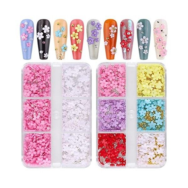 Kalolary Fleurs Ongle Nail Art 3D, Breloques pour Ongles Acryliques Accessoires pour Plats Ongles Strass Ensemble Nail Beads 