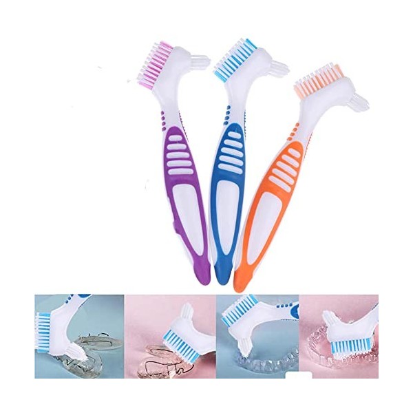 Lot de 3 brosses de nettoyage pour prothèse dentaire avec poils multicouches et poignée ergonomique en caoutchouc - Brosse po