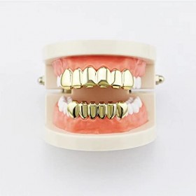 Qiwenr 18K Grillz Hip Hop Plaqué or,Grille de Dents Brillant,Grillz Plaqué or,8 Dents Supérieures 6 Grilles Buccales Hip Hop 