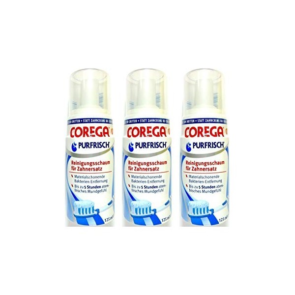 Corega Purfresh Lot de 3 mousses nettoyantes pour prothèses dentaires 125 ml