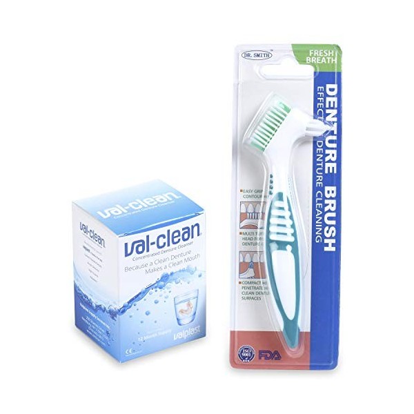 Val-Clean - Poudre concentrée pour retenue de prothèses et protection de nuit - Avec brosse de nettoyage pour prothèses denta