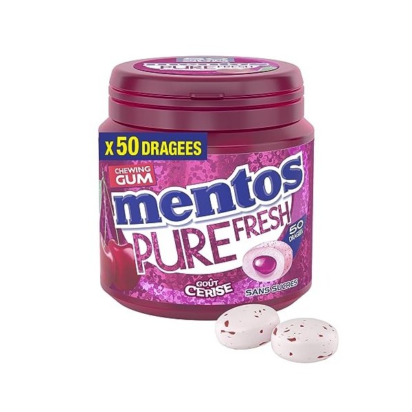 Mentos - Chewing-Gum Mentos Pure Fresh Cerise - Chewing-Gum Sans Sucres - Parfum Cerise Ultra Gourmand - Dure Longtemps - Boî