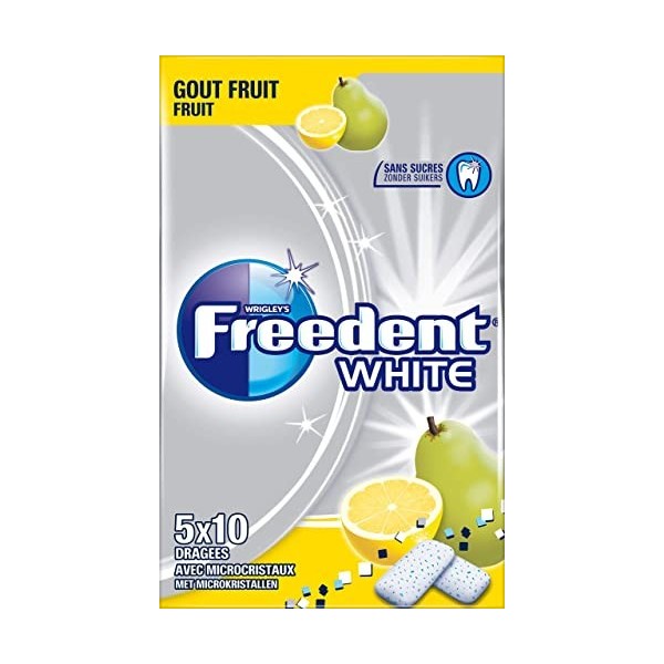 FREEDENT WHITE - Chewing-gum au goût Fruit sans sucres - 5 paquets de 10 dragées - 70g