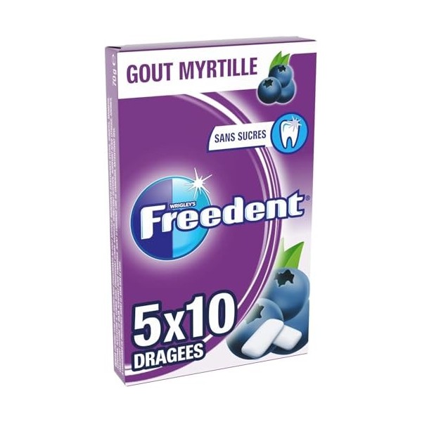 FREEDENT - Chewing-gum goût Myrtille sans sucres - 5 paquets de 10 dragées - 70g