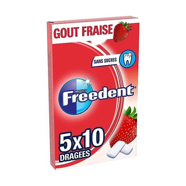 FREEDENT - Chewing-gum goût Fraise sans sucres - 5 paquets de 10 dragées - 70g