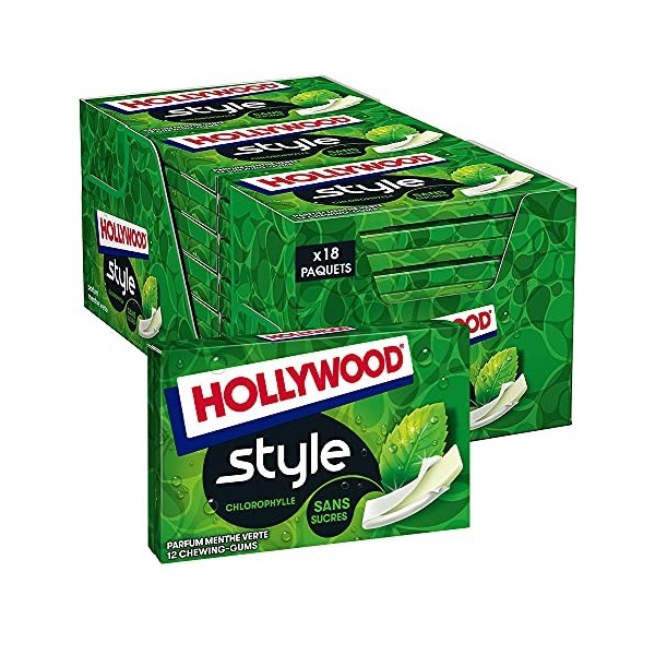 Hollywood Chewing Gum Style - Parfum Chlorophylle - Sans Sucres avec Édulcorants - Lot de 18 paquets de 12 gums - 23 g