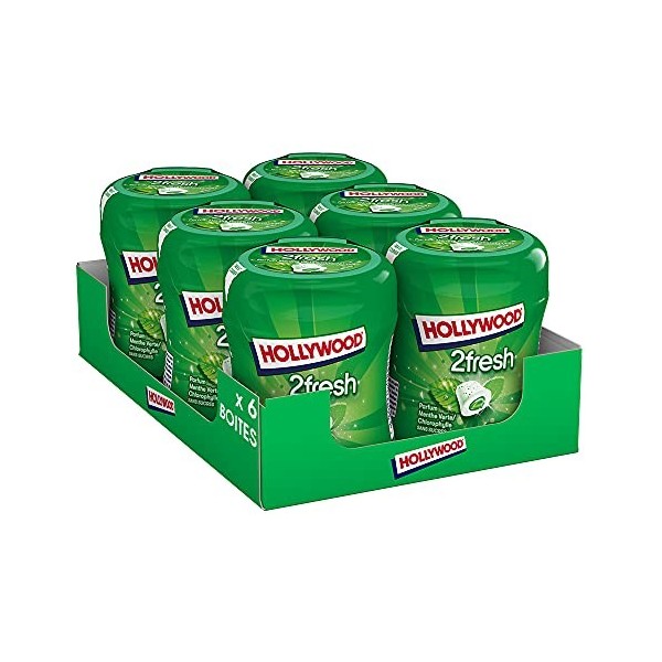 Hollywood Chewing Gum Green Fresh - Parfum Menthe Verte - Sans Sucres avec Édulcorants - Lot de 6 boîtes de 60 dragées 87 g 