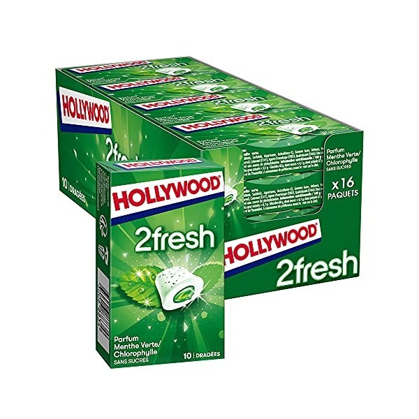 Hollywood Chewing Gum 2 Fresh - Parfum Menthe Verte Chlorophylle - Sans Sucres avec Édulcorants - Lot de 16 paquets de 10 dra
