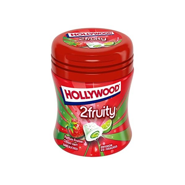 Hollywood Chewing Gum Bottle 2 Fruity - Parfum Fraise Citron - Sans Sucres avec Édulcorants - Lot de 6 boîtes de 23 dragées 