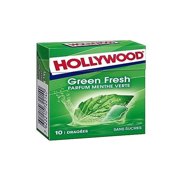 Hollywood Chewing Gum Green Fresh - Parfum Menthe Verte - Sans Sucres avec Édulcorants - Lot de 20 paquets de 10 dragées 14 