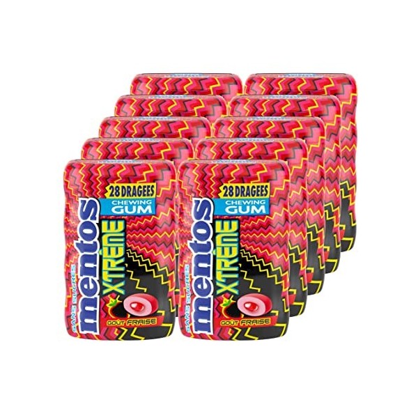 MENTOS GUM Xtrême Carton de 10 bottles de 28 chewing-gums acides - goût Fraise – Sans Sucres – 56g