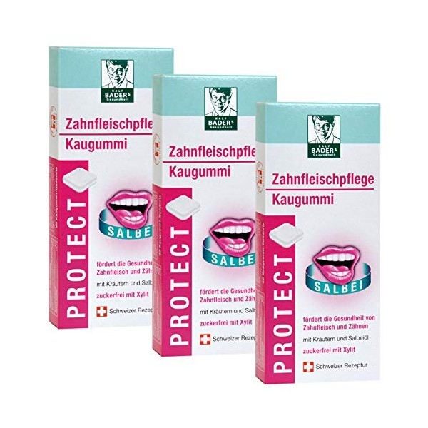 BADERs de la pharmacie. Les chewing-gums PROTECT Zahnfleischpflege. Avec des herbes, de lhuile de sauge et du xylitol. Pack 