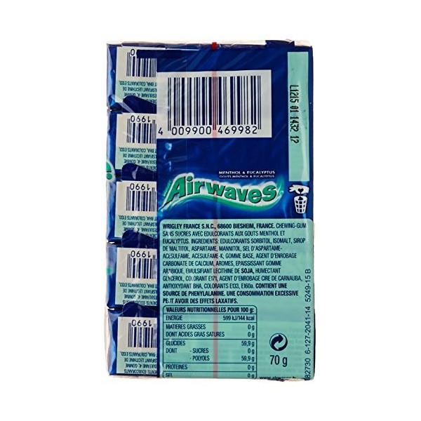 Airwaves Chewing-gum au menthol et eucalyptus, sans sucres - Les 5 étuis de 10, 70g