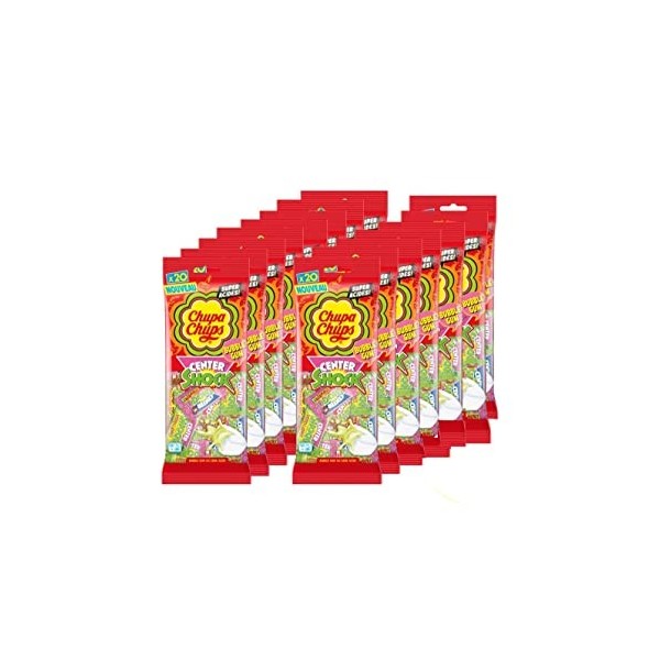 Chupa Chups–15 sachets Center shock 80g–Bubble gum au cœur acide–pour tous les gourmands-Goûts Fraise et Cola-Idéal pour Fête