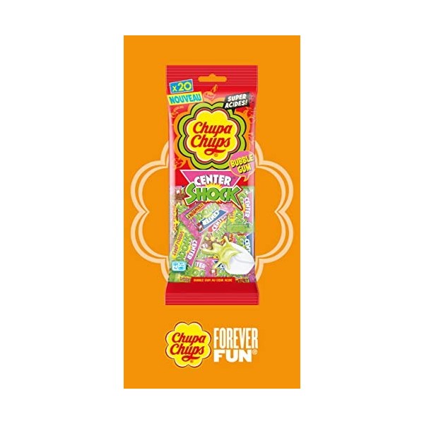 Chupa Chups–15 sachets Center shock 80g–Bubble gum au cœur acide–pour tous les gourmands-Goûts Fraise et Cola-Idéal pour Fête
