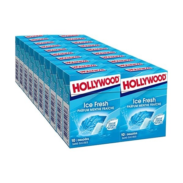 Hollywood Chewing Gum Ice Fresh - Parfum Menthe Fraîche – Sans Sucres avec Édulcorants - Lot de 20 paquets de 10 dragées 14 