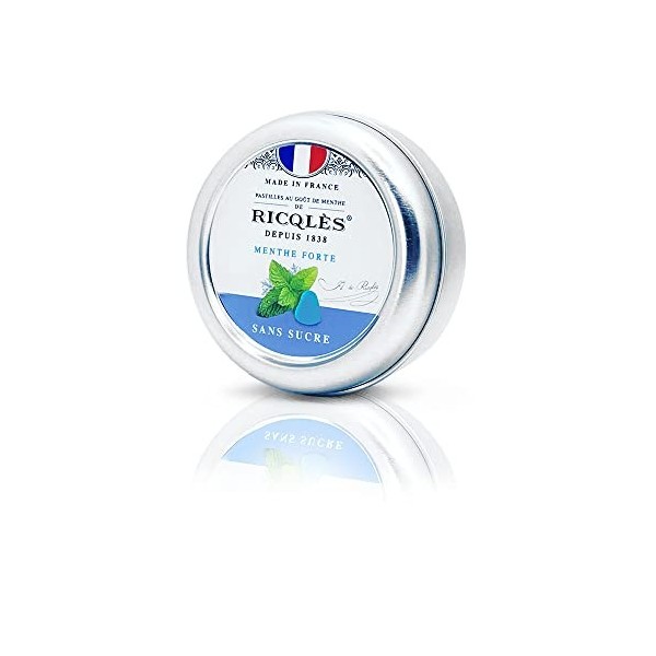 Ricqlès -PASTILLES MENTHE SANS SUCRES- Haleine Fraîche, Mal des transports-Goût menthe poivrée -NOUVELLE FORMULE-Boîte en mét