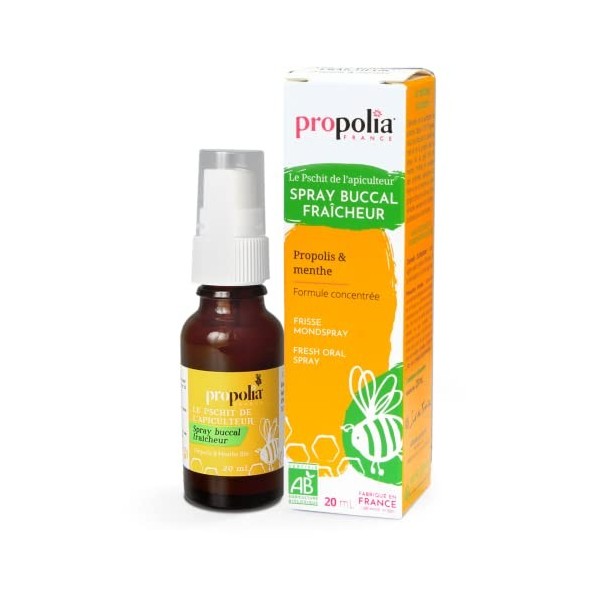PROPOLIA - Bio - Spray buccal fraîcheur - Propolis/Miel/Menthe - Gorge et haleine - Enfants et Adultes - 100% naturel - Compl