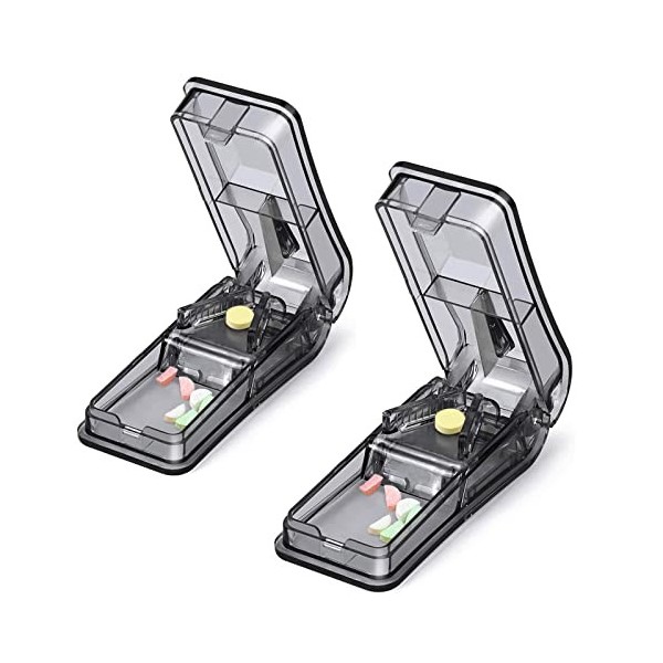 Lot de 2 coupe-pilules portables 2 en 1 avec lame et compartiment de rangement pour petites ou grandes pilules coupées en dem