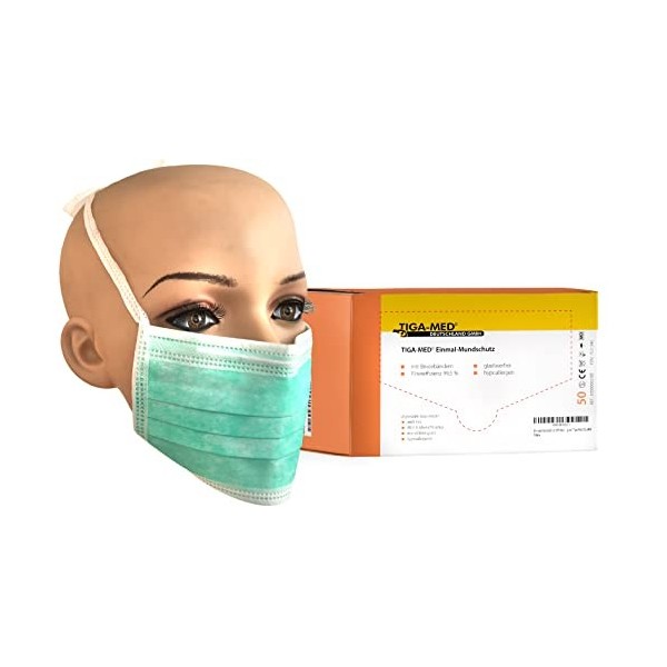 Tiga-Med Disposable Surgical Masks, 3 layers, Green, with Straps, 99.5 % by Tiga-Med