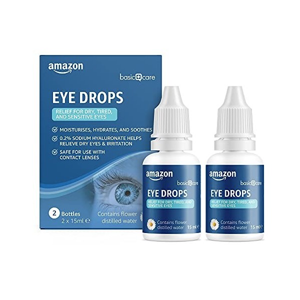 Amazon Basic Care Yeux Gouttes oculaires avec Hyaluronate de Sodium 0,2%, 2 x 15 ml