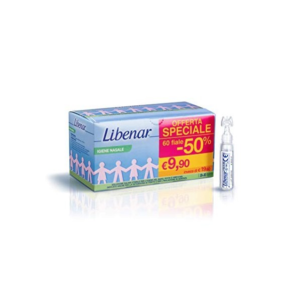 Libenar Solution saline physiologique - Solution isotonique stérile pour nettoyer les yeux et le nez des enfants - 60 fioles 