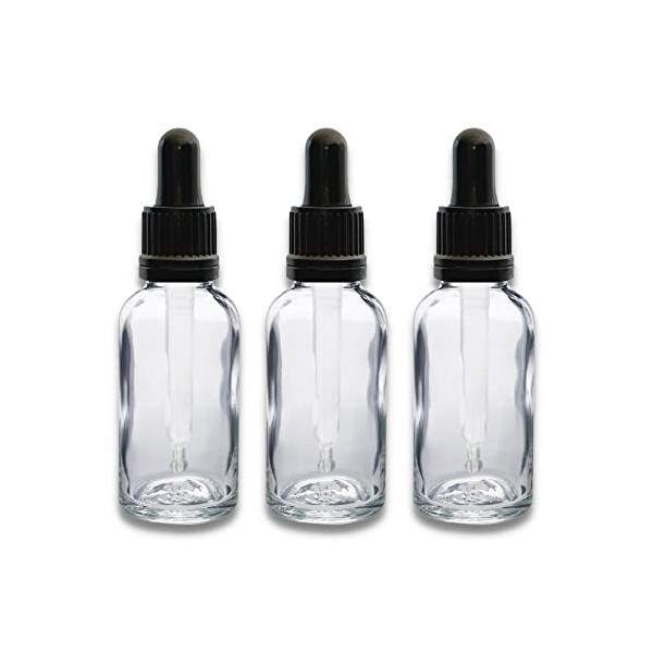 Lot de 3 flacons en verre transparent 30 ml avec Pipettes Noir pour Utilisation pour les huiles essentielles / et en aromathé
