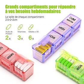 Pilulier Semainier Français 7 Jours 4 Fois Matin Midi Soir Nuit avec PU Sac 28 Compartiments Multicolores Noir 