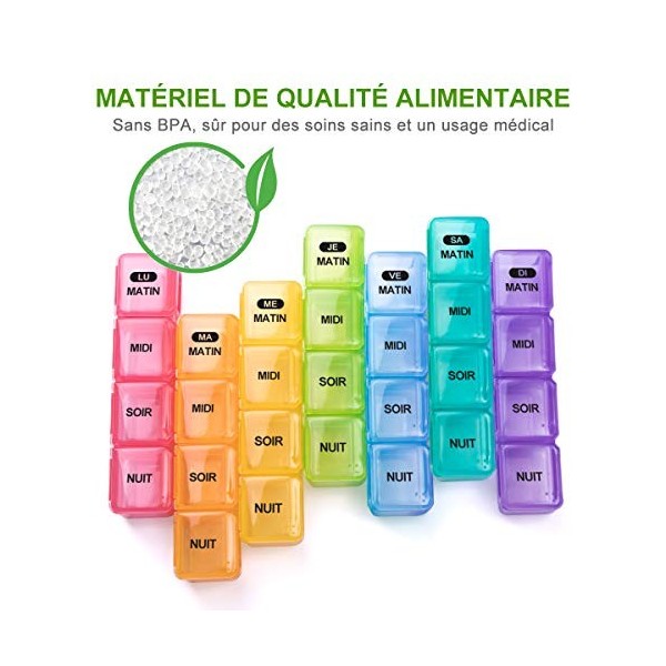 SUKUOS Pilulier Semainier Français 7 Jours 4 Fois Matin Midi Soir Nuit avec PU Sac 28 Compartiments Multicolores, pour vitami