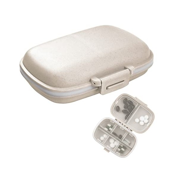 1 pilulier de voyage, 8 compartiments, petit pilulier portable pour sac à main, médicaments, vitamines, beige