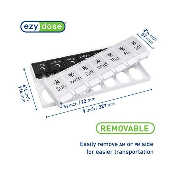 Ezy Dose Pilulier hebdomadaire 7 jours avec couvercle à bouton-poussoir Noir et blanc AM/PM, 1 pièce