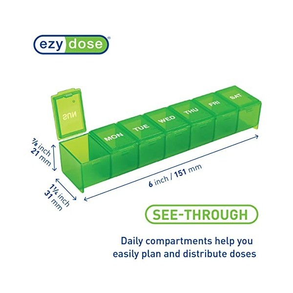 EZY Dose 7-day Pill Reminder, Large Size: 6 Inches L X 1 3/8 Inches W X 7/8 Inches H - Color Will Vary