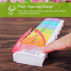 Pilulier hebdomadaire sans BPA avec bouton poussoir et grands compartiments pour la maison et les voyages – Couleur arc-en-ci