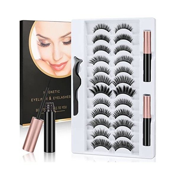 URAQT Faux Cils Magnétique Eyeliner Kit, 12 Paires, 3D Naturel Faux Cils, Cils Magnétiques avec Eye-liner, Imperméable et san