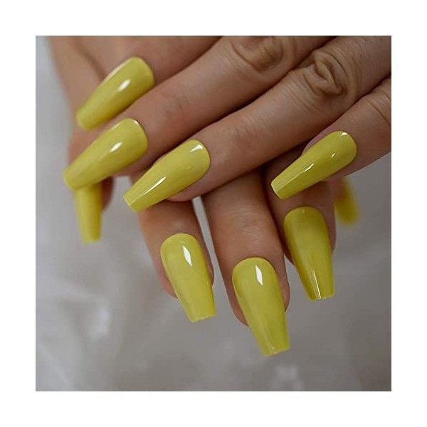 CoolNail Lot de 24 fausses ongles en gel UV brillant Jaune