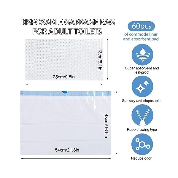 Lot de 60 Sacs pour Chaise Percée avec 60 Coussinets Absorbants - Hygiène Pratique pour Toilettes Portables - Universel et Éc