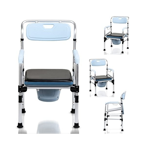 Cecaylie Chaise de toilette réglable en hauteur, antidérapante avec siège rembourré et seau de toilette, accoudoir et dossier