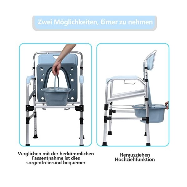 Ikodm Chaise de toilette antidérapante réglable en hauteur avec assise rembourrée et seau de toilette, charge maximale de 160