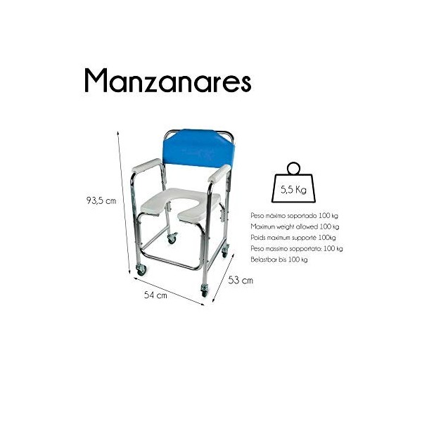 Mobiclinic, Chaise percée, Mod. Manzanares, Marque européenne, Chaise toilette a roulettes, Chaise percée pour adulte, Accoud